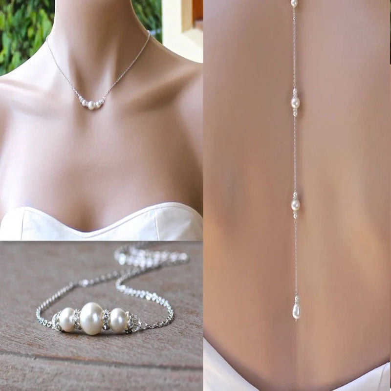 Teardrop Wedding Backdrop Necklace Pearl Back Pendant Bridal Body Chain Sexy Bridal Back Drop Body Chain for Girls and Women.