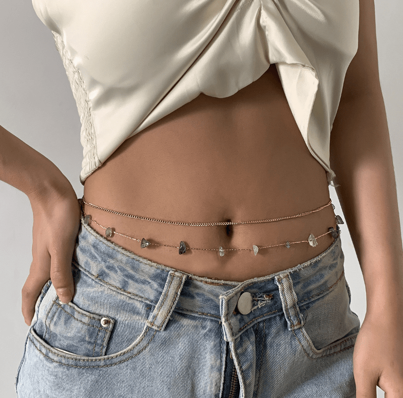 Gold Plated Multi-Layer With Natural Stones Adjustable Waist Chain for Girls and Women