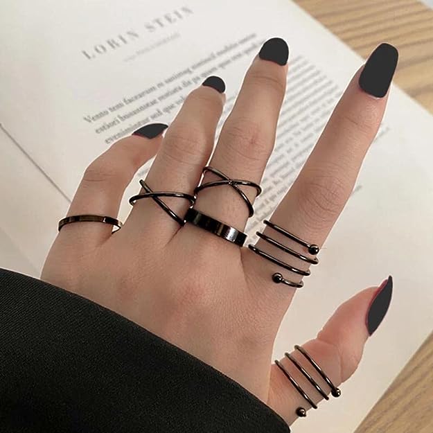 Rings for Girls & Women - 6 pcs. Black Stacking Knuckle Punk Finger Ring Set For Girls and Women …