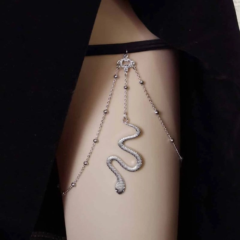 Off-White Thigh Leg Chain with Snake Tassel Elastic Band Body Jewellery for Girls and Women