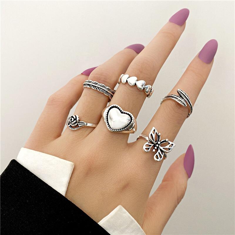 Ring Set - Butterfly And Heart Shaped-Toned Ring Set 6 Pcs for Girls and Women