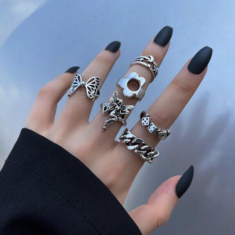 Ring Set  - 6 pcs - Retro Carved Crystal Flower, Moon Star, & Butterfly Shaped Ring Set - Rings for Women and Girls