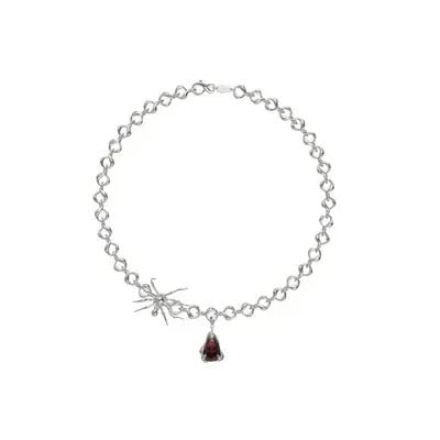 Necklace - Elegant Whitish-Grey Plated Red Crystal Stone Spider Necklace Pendant With Adjustable 16 inch Stainless Steel Chain