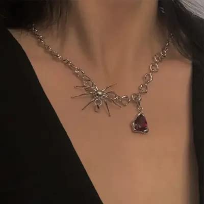 Necklace - Elegant Whitish-Grey Plated Red Crystal Stone Spider Necklace Pendant With Adjustable 16 inch Stainless Steel Chain