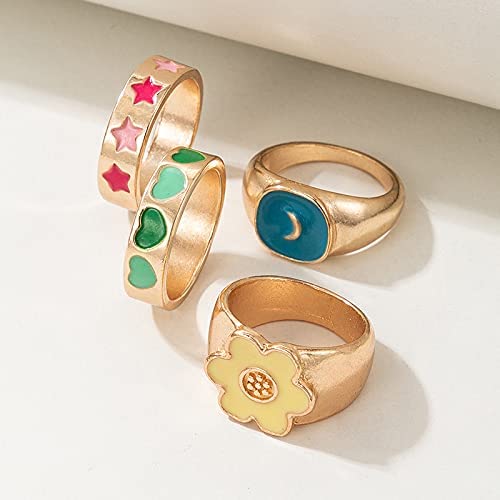 Rings - 4 pcs - Gold Plated Enamelled Combo Star & Moon Theme Ring Set