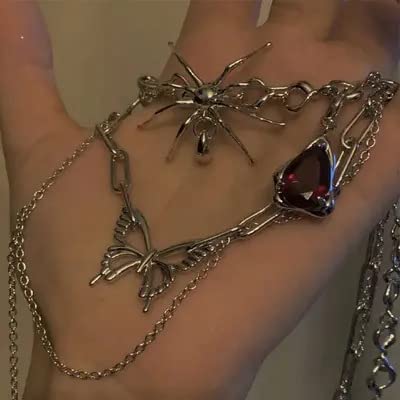 Necklace - Elegant Whitish-Grey Plated Red Crystal Stone Spider Necklace Pendant With Adjustable 16 inch Stainless Steel Chain