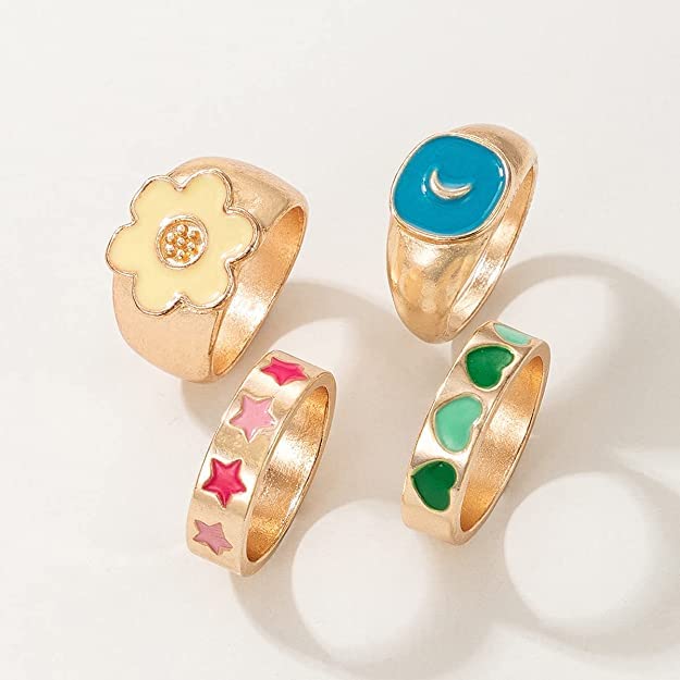 Rings - 4 pcs - Gold Plated Enamelled Combo Star & Moon Theme Ring Set