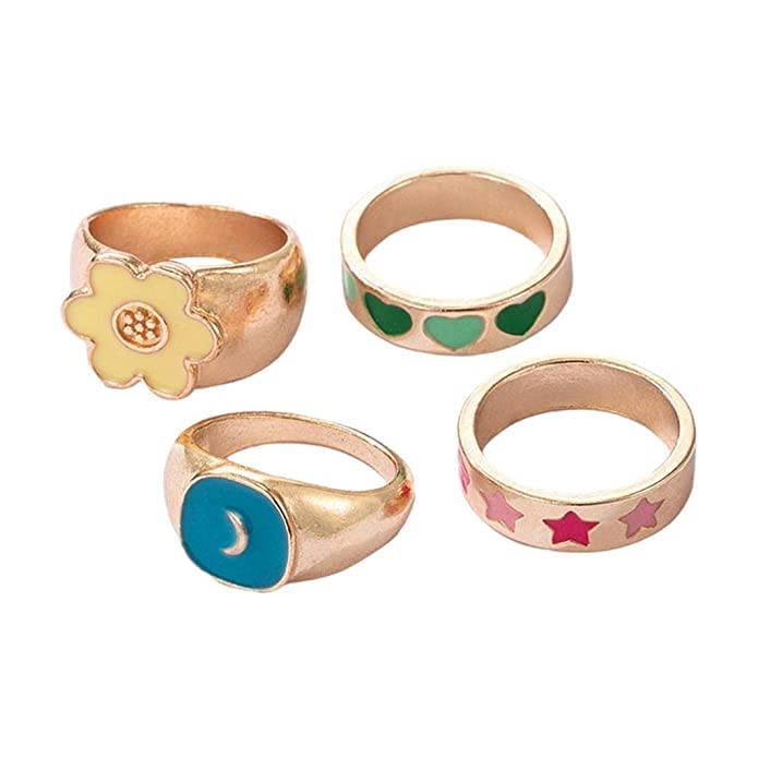 Rings - 4 pcs - Gold Plated Enamelled Combo Star & Moon Theme Ring Set