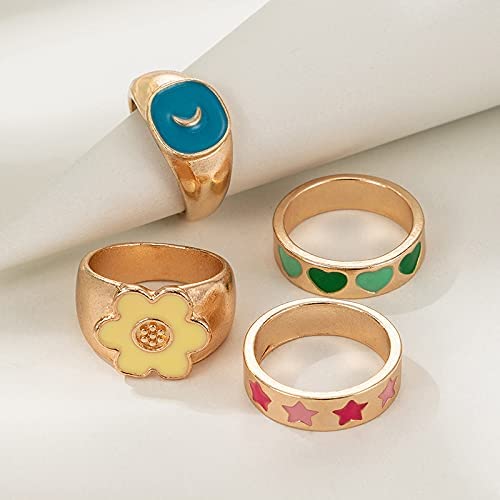Rings - 4 pcs - Gold Plated Enamelled Combo Star & Moon Theme Ring Set