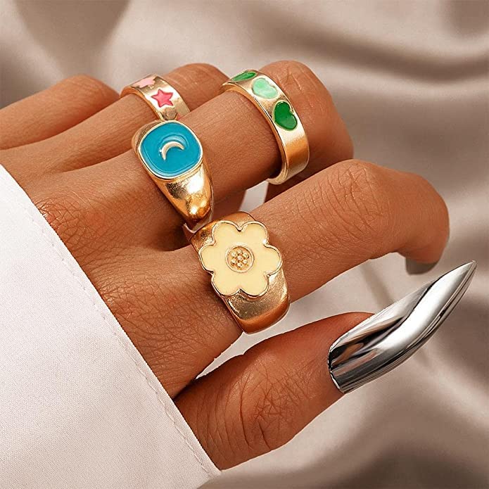 Rings - 4 pcs - Gold Plated Enamelled Combo Star & Moon Theme Ring Set