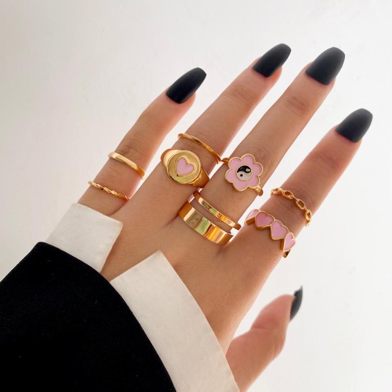 Rings for Women & Girls - 8 pcs. Gold Plated Yin Yang & Heart Shaped Rings Set For Women and Girls.