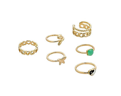 Rings for Women & Girls - 6 pcs. Gold Plated Butterfly, Snake & Heart Shaped, Crystal Stone Rings Set For Women and Girls.