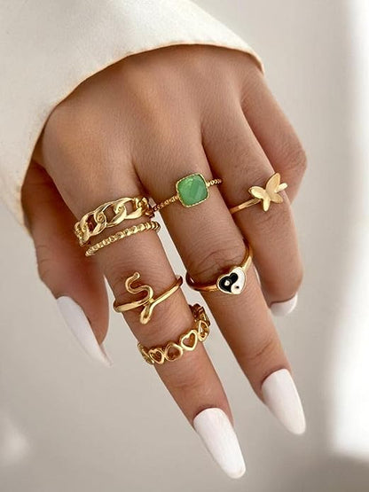 Rings for Women & Girls - 6 pcs. Gold Plated Butterfly, Snake & Heart Shaped, Crystal Stone Rings Set For Women and Girls.