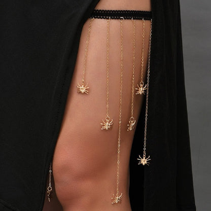 Gold Plated Thigh Leg Chain with Spider Pendant Elastic Band Body Jewellery for Girls and Women