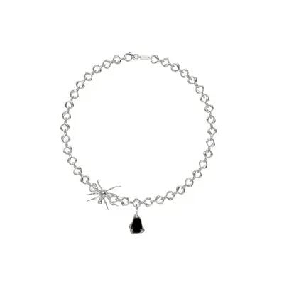 Necklace  - Elegant Whitish-Grey Plated Black Crystal Stone Spider Necklace Pendant With Adjustable 16 inch Stainless Steel Chain