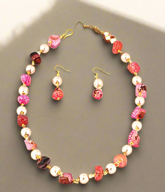 Necklace Earring Set - Elegant Pink Bead Earring & Pink Pearl Bead Necklace Set With Adjustable 18 inch Stainless Steel Chain