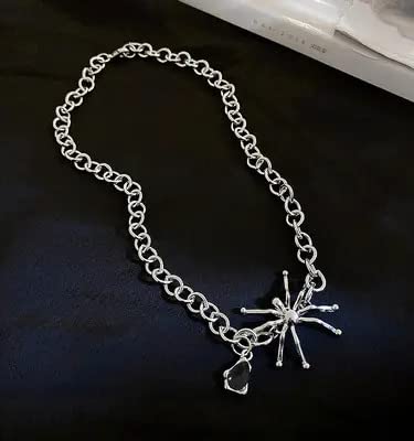 Necklace  - Elegant Whitish-Grey Plated Black Crystal Stone Spider Necklace Pendant With Adjustable 16 inch Stainless Steel Chain