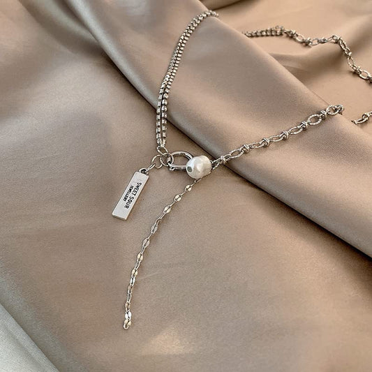 Necklace- Crystal Pearl And Sweet Sour Stainless Steel Necklace Pendent With Adjustable 20 inch Chain